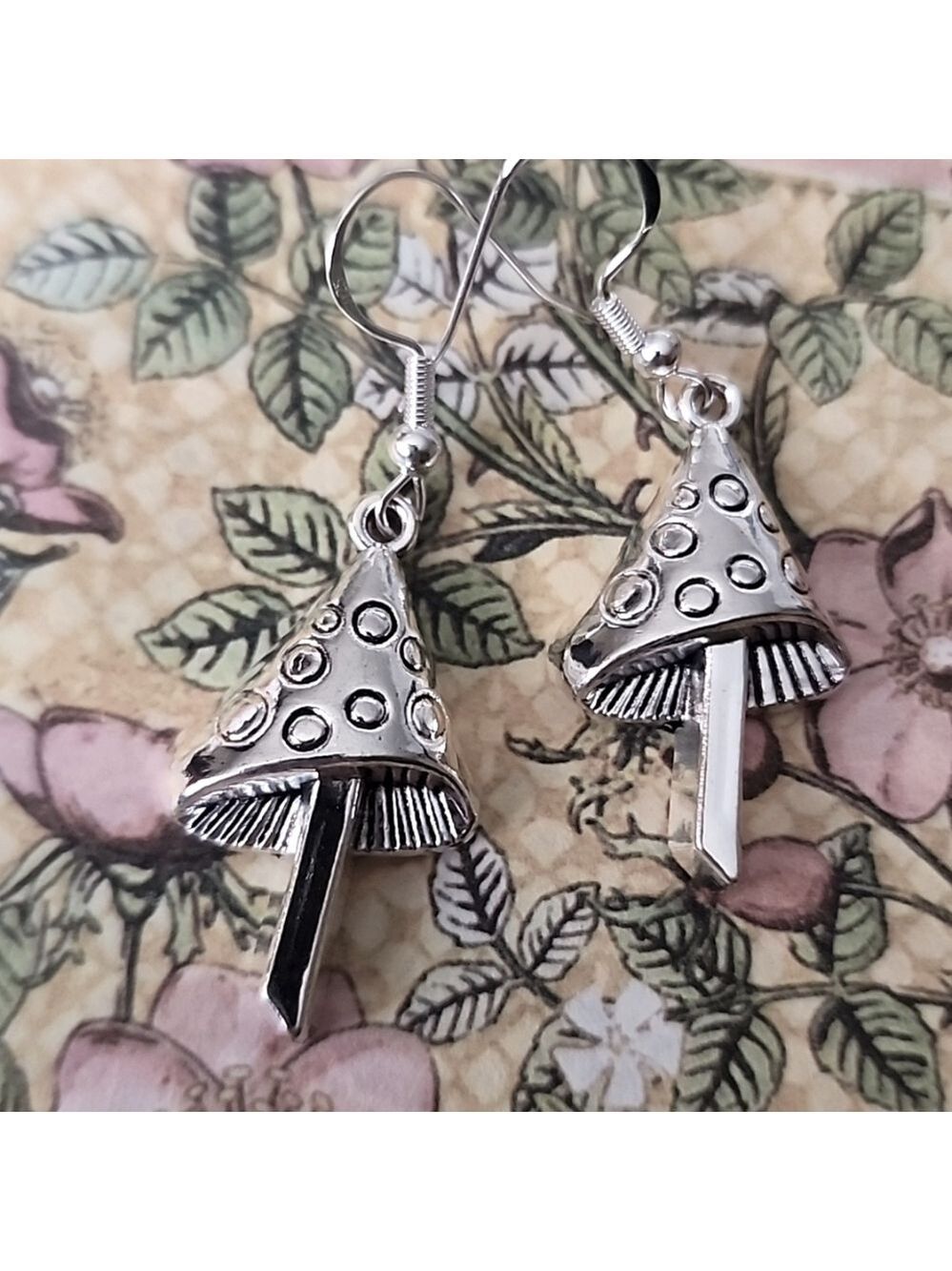 Fairy Garden Mushroom,Lattice Silver,  Earrings,